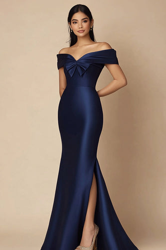 Marineblau Meerjungfrau Satin Lange Abendkleid mit Schlitz