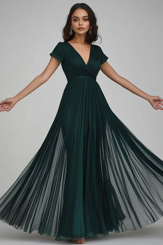 Dunkelgrün Tüll A Linie V Ausschnitt Lange Abendkleid