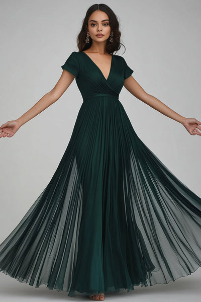 Dunkelgrün Tüll A Linie V Ausschnitt Lange Abendkleid
