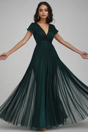 Dunkelgrün Tüll A Linie V Ausschnitt Lange Abendkleid
