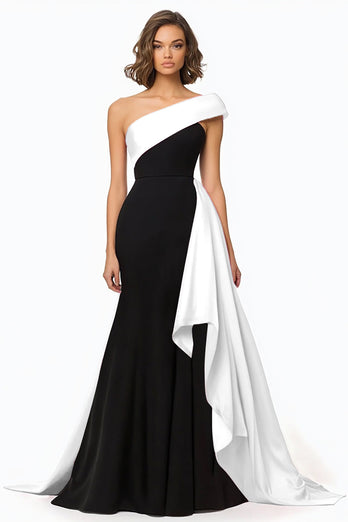 Schwarz und Weiß Meerjungfrau Satin Lange Abendkleid mit Rüschen