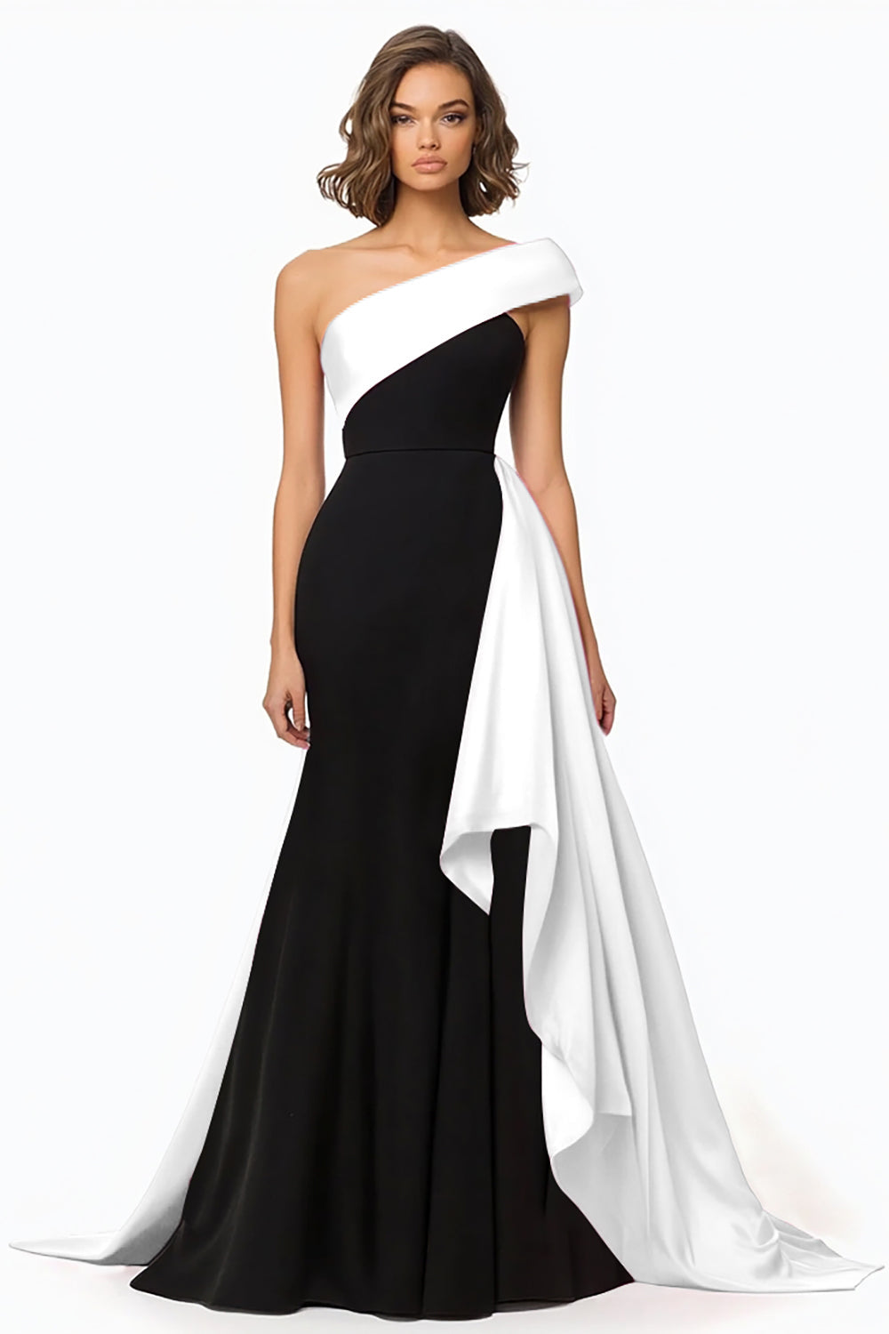 Schwarz und Weiß Meerjungfrau Satin Lange Abendkleid mit Rüschen