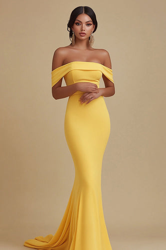 Gelb Meerjungfrau Satin Schulterfreie Lange Abendkleid