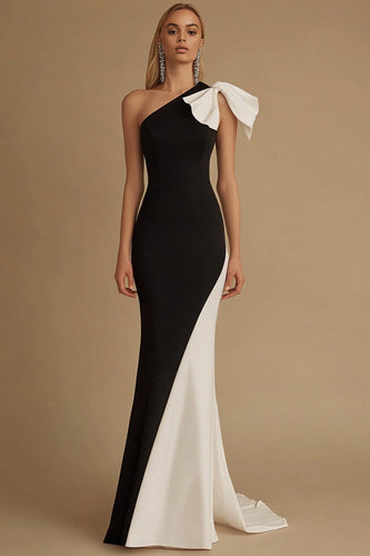 Schwarz und Weiß Meerjungfrau Satin Lange Abendkleid mit Bogen