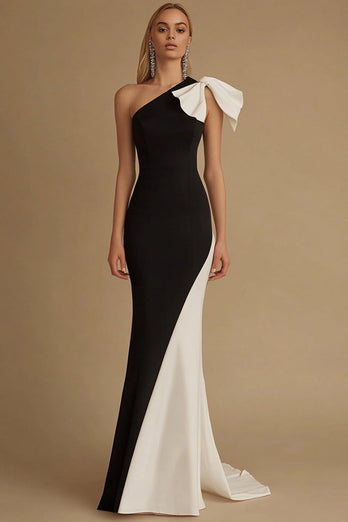 Schwarz und Weiß Meerjungfrau Satin Lange Abendkleid mit Bogen