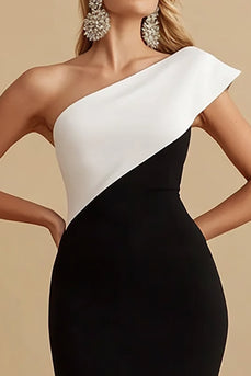 Schwarz und Weiß Satin Meerjungfrau Eine Schulter Lange Abendkleid