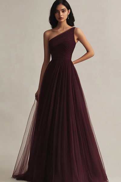 Bordeaux Tüll Eine Schulter A Linie Lange Abendkleid