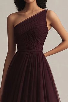 Bordeaux Tüll Eine Schulter A Linie Lange Abendkleid