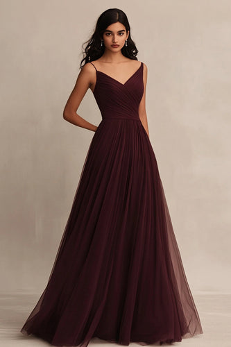 Bordeaux Tüll A Linie Spaghettiträger Lange Abendkleid
