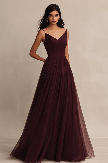 Bordeaux Tüll A Linie Spaghettiträger Lange Abendkleid