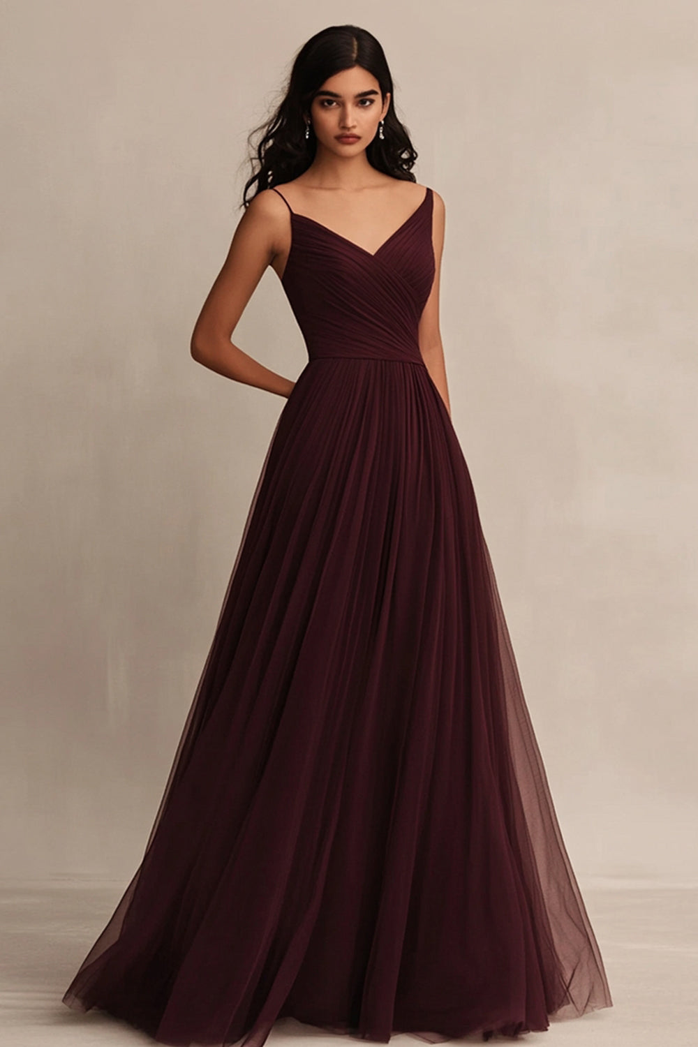Bordeaux Tüll A Linie Spaghettiträger Lange Abendkleid
