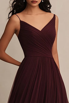 Bordeaux Tüll A Linie Spaghettiträger Lange Abendkleid