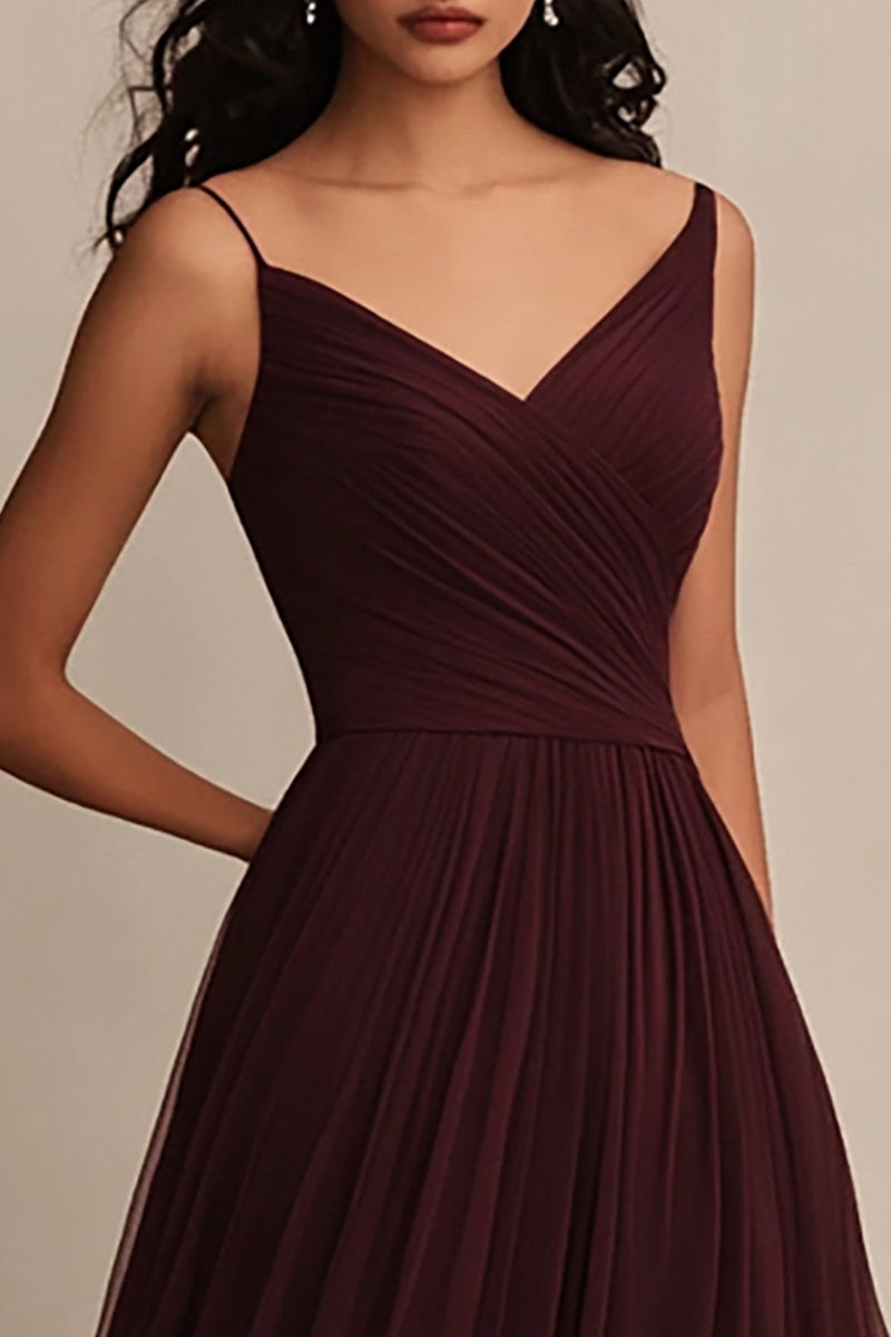 Laden Sie das Bild in den Galerie-Viewer, Bordeaux Tüll A Linie Spaghettiträger Lange Abendkleid