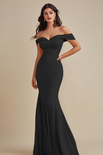 Schwarz Satin Schulterfreie Lange Meerjungfrau Abendkleid