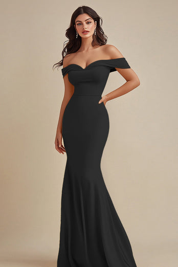 Schwarz Satin Schulterfreie Lange Meerjungfrau Abendkleid