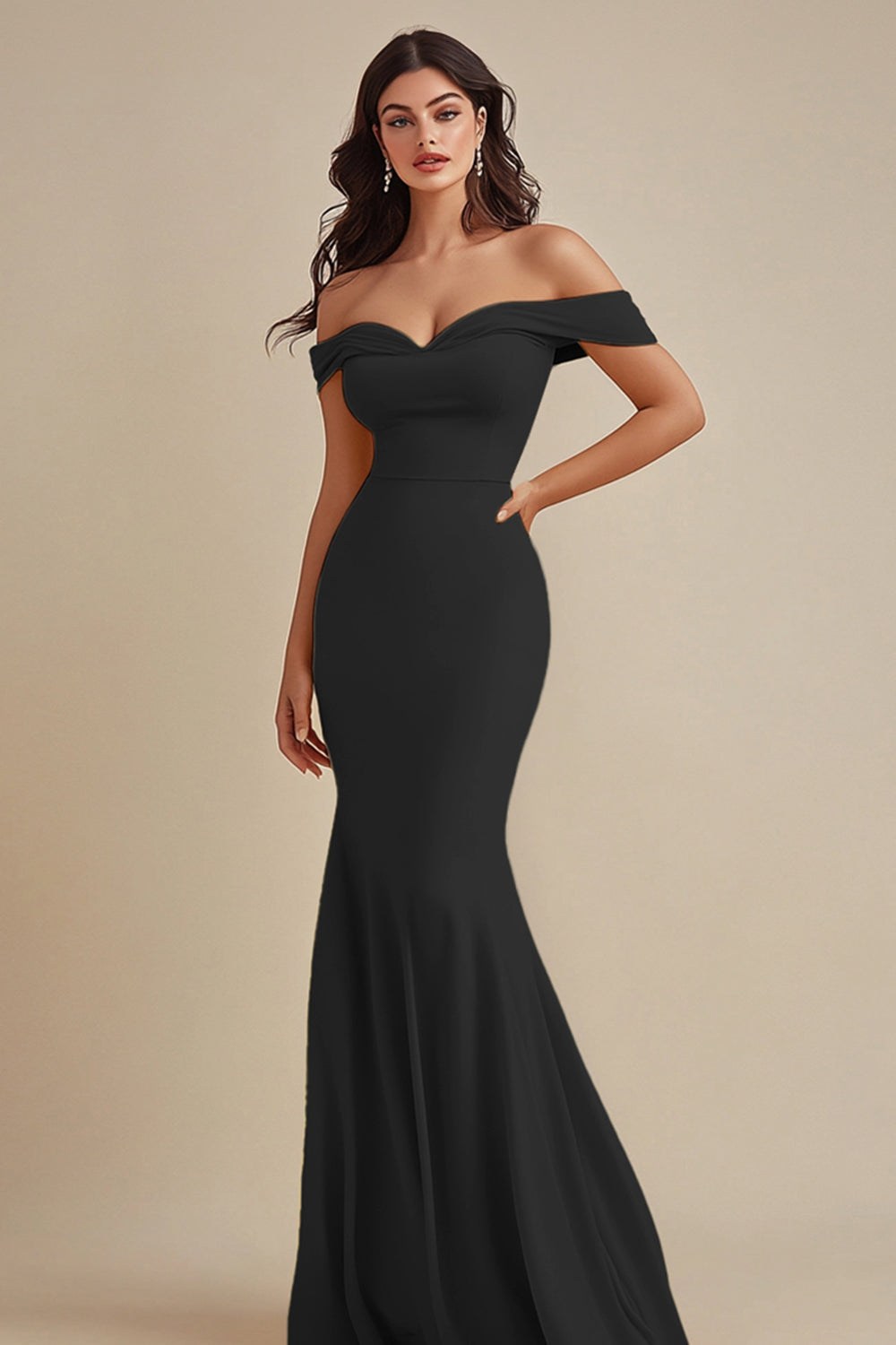 Schwarz Satin Schulterfreie Lange Meerjungfrau Abendkleid