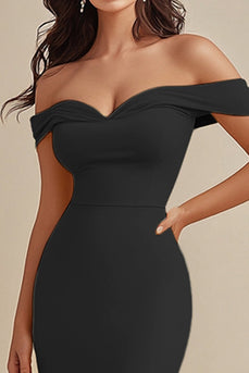 Schwarz Satin Schulterfreie Lange Meerjungfrau Abendkleid