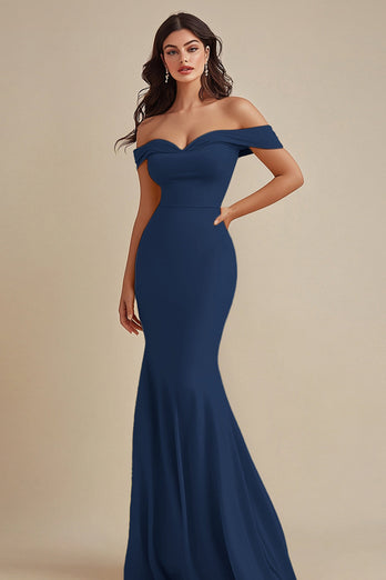 Schwarz Satin Schulterfreie Lange Meerjungfrau Abendkleid