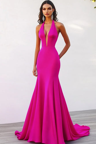 Fuchsia Satin Neckholder Lange Meerjungfrau Abendkleid
