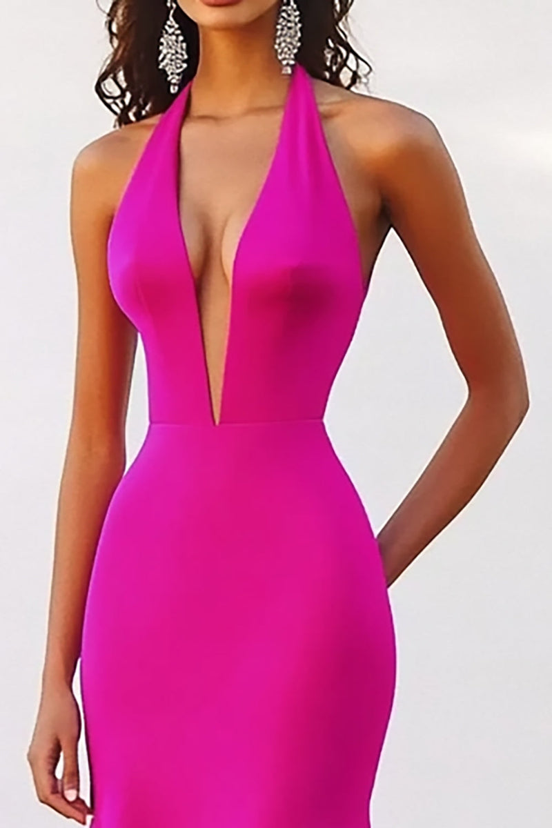 Laden Sie das Bild in den Galerie-Viewer, Fuchsia Satin Neckholder Lange Meerjungfrau Abendkleid