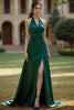 Laden Sie das Bild in den Galerie-Viewer, Dunkelgrün Satin Neckholder A Linie Lange Abendkleid mit Schlitz