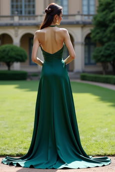 Dunkelgrün Satin Neckholder A Linie Lange Abendkleid mit Schlitz