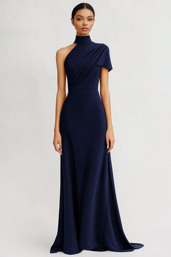 Marineblau Sheath Satin Eine Schulter Lange Abendkleid