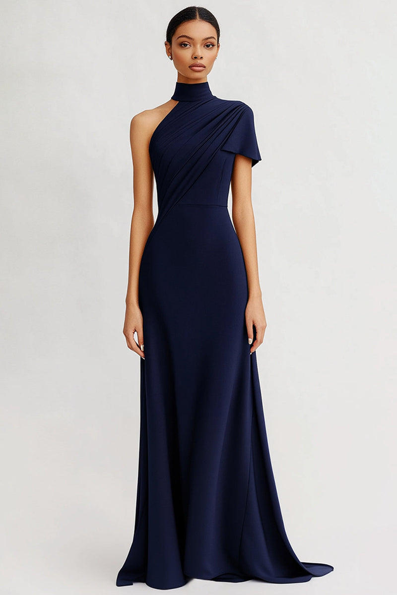 Laden Sie das Bild in den Galerie-Viewer, Marineblau Sheath Satin Eine Schulter Lange Abendkleid