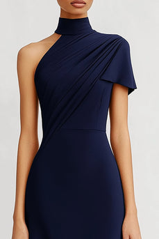 Marineblau Sheath Satin Eine Schulter Lange Abendkleid