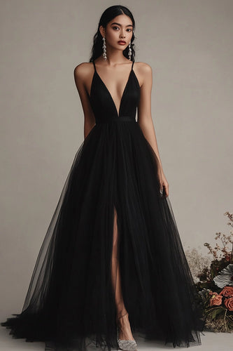 Schwarz Tüll Spaghettiträger A Linie Lange Abendkleid mit Schlitz