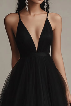Schwarz Tüll Spaghettiträger A Linie Lange Abendkleid mit Schlitz