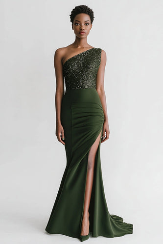 Glitzer Olivgrün Meerjungfrau Satin Lange Abendkleid mit Schlitz