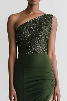 Glitzer Olivgrün Meerjungfrau Satin Lange Abendkleid mit Schlitz