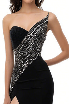 Glitzer Schwarz Satin Eine Schulter Meerjungfrau Lange Abendkleid mit Schlitz