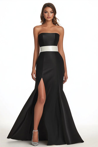 Schwarz Satin Meerjungfrau Trägerlos Lange Abendkleid mit Schlitz