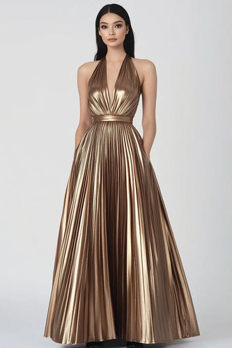 Gold Metallic Neckholder Falten Lange Abendkleid