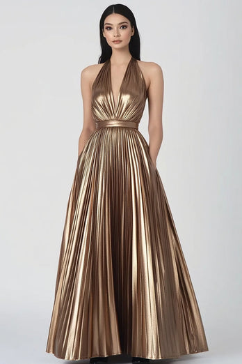 Gold Metallic Neckholder Falten Lange Abendkleid