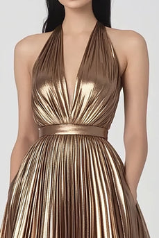 Gold Metallic Neckholder Falten Lange Abendkleid