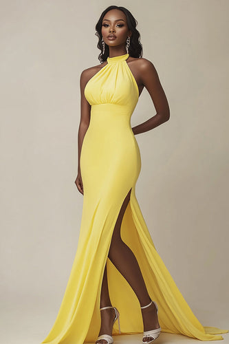 Gelb Meerjungfrau Satin Neckholder Lange Abendkleid mit Schlitz