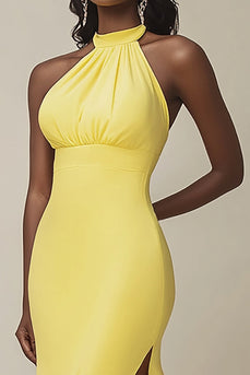 Gelb Meerjungfrau Satin Neckholder Lange Abendkleid mit Schlitz