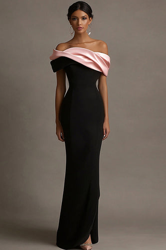 Schwarz und Rosa Schulterfreie Satin Sheath Lange Abendkleid