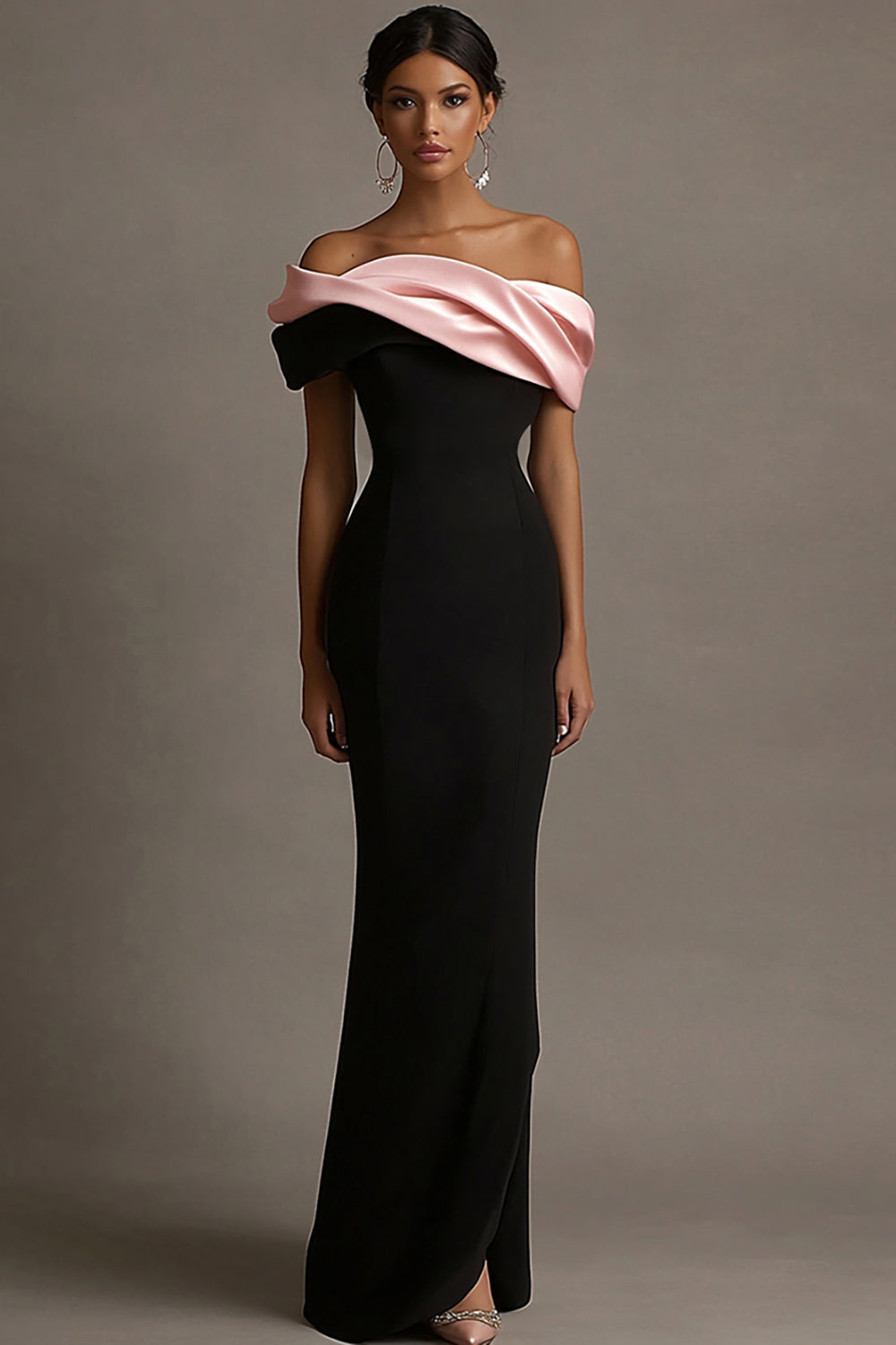 Schwarz und Rosa Schulterfreie Satin Sheath Lange Abendkleid