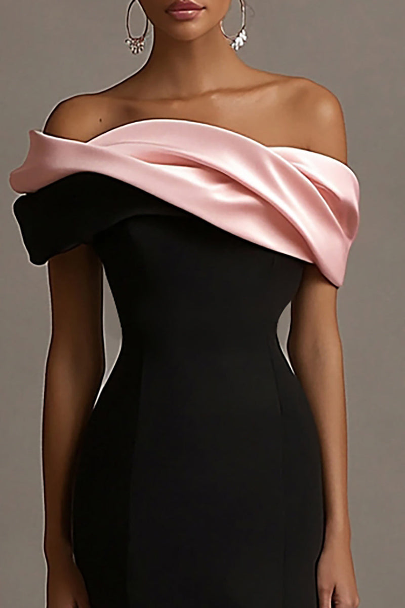 Laden Sie das Bild in den Galerie-Viewer, Schwarz und Rosa Schulterfreie Satin Sheath Lange Abendkleid