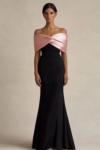 Schwarz und Rosa Sheath Schulterfreie Lange Satin Abendkleid