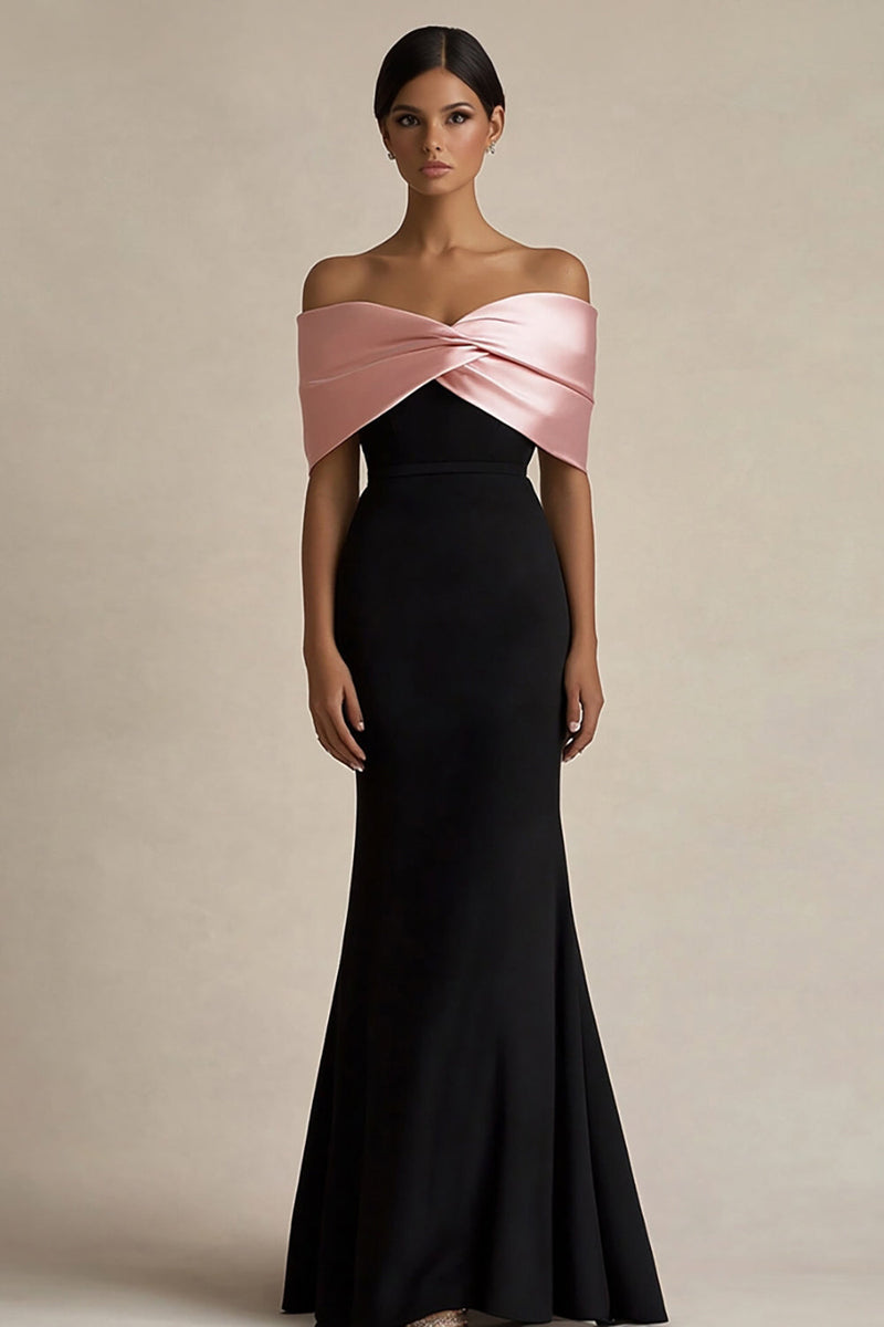 Laden Sie das Bild in den Galerie-Viewer, Schwarz und Rosa Sheath Schulterfreie Lange Satin Abendkleid