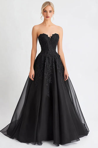 Schwarz A Linie Tüll Lange Abendkleid mit Spitze