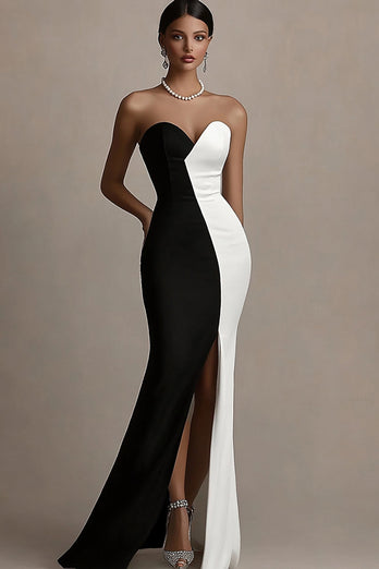 Schwarz und Weiß Trägerlos Satin Lange Abendkleid mit Schlitz