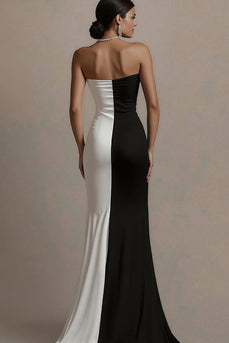 Schwarz und Weiß Trägerlos Satin Lange Abendkleid mit Schlitz