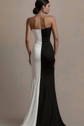 Schwarz und Weiß Trägerlos Satin Lange Abendkleid mit Schlitz