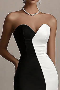Schwarz und Weiß Trägerlos Satin Lange Abendkleid mit Schlitz